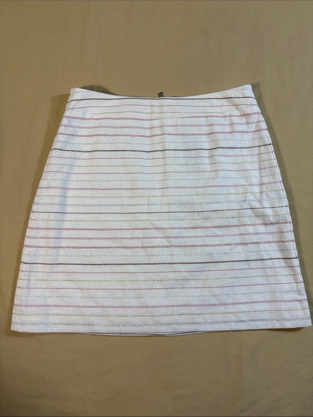 LOFT‎ NWT Shimmer Stripe Linen Blend A-Line Mini Skirt Ivory Pink Gold Metallic